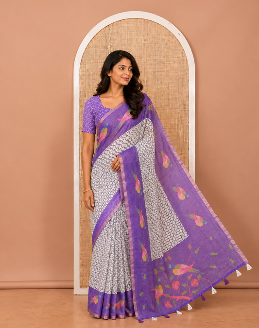 Off-White Violet Linen Cotton Saree, Decked Up with Geometric Print on Its Body, Complemented by a Contrast Border of Macaw Parrot Print, Pallu of Floral and Macaw Parrot Print, and Paired with a Contrast Blouse