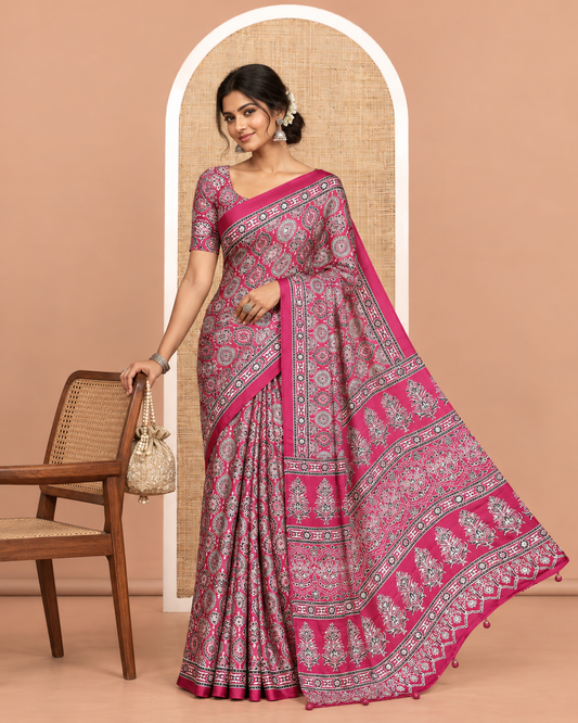 Purple Modal Satin Saree, Adorned with Ajrakh Print, a Self-Printed Border, Ajrakh Pallu, a Matching Blouse