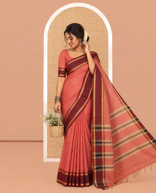 Rust Checked Mercerised Cotton Saree, Contrast Rettai Pettu Rudraksham-Temple Border, a Self-Pallu and a Matching Blouse