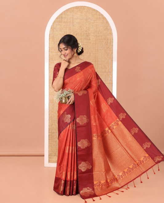 Rust Fancy Soft Silk Saree, Elevated with Zari Buttas and Zari Stripes, Complemented by a Contrast Border of Hexagon-Shaped Designs, Majestically Detailed Pallu, and Paired with a Contrast Blouse