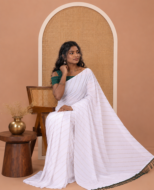 Borderless White-Green Rangoli Chiffon Saree, Gleamed Up with Foil-Printed Leheriya Stripes, a Contrast Sequins Blouse