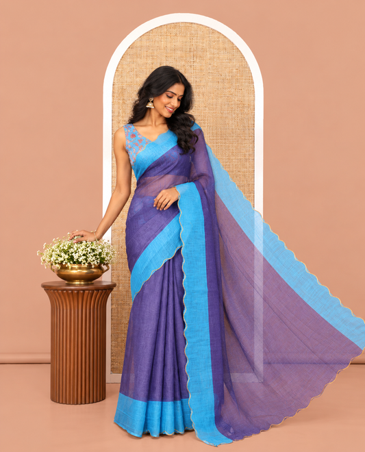 Violet Plain Linen Cotton Saree, Contrast Plain Scallop Border, a Self-Pallu, and Contrast Kalamkari Printed Blouse