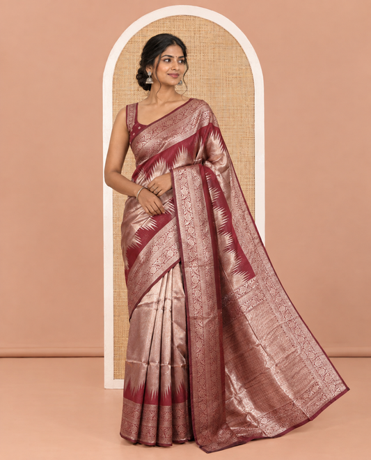 Dark Maroon Tissue-Zari Litchi Saree, a Temple Kodi Visiry Border, Grand Pallu, and Matching Blouse