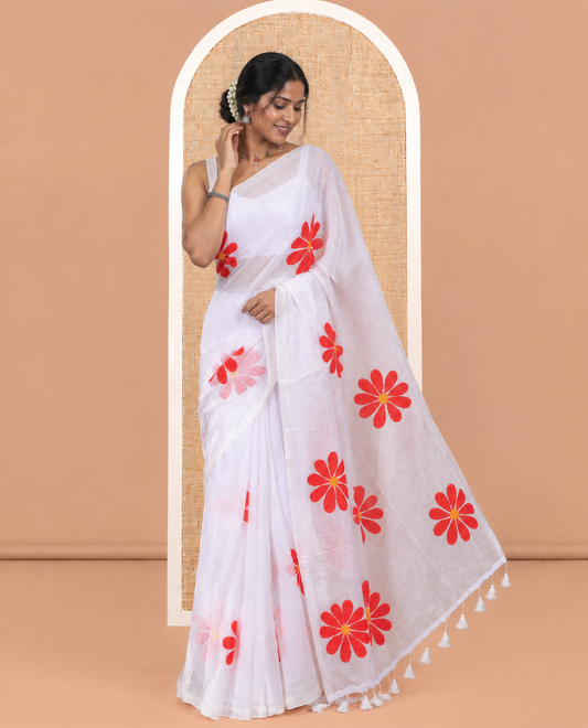Borderless White-Red Daisy Flower Printed Khadi Mul Cotton Saree Without Blouse