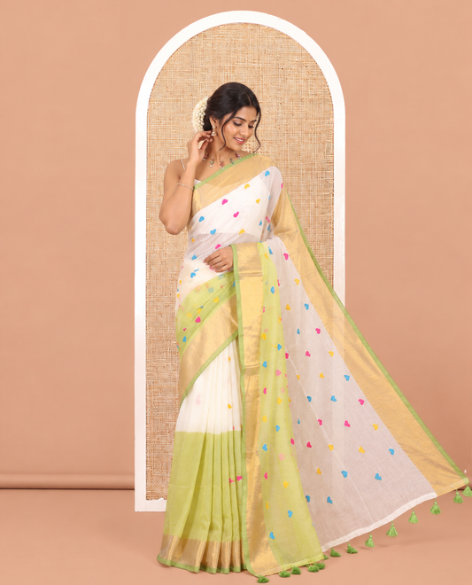 Cream-Green Half-And-Half Heart Motifs Embroidered Khadi Cotton Saree, Contrast Bavanji Border, No Blouse