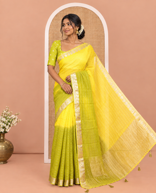 Yellow-Green Chiffon Saree, Accentuated with Dual-Dyed and Zari Checks, Paisley Border, Striped Pallu, Contrast Blouse