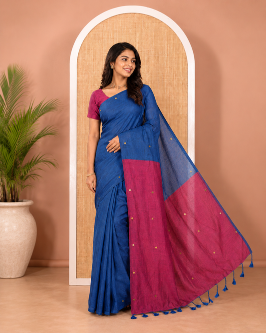 Borderless Blue Khadi Mul Cotton Saree, Adorned with Sequins Work All Over Its Body, Complemented by Contrast Pallu of Sequins Work and Paired with a Contrast Blouse