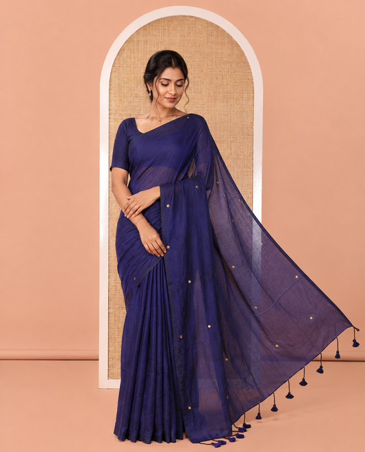 Borderless Navy Blue Mul Cotton Saree, Subtly Sparkled With Big Sequins Work On Its Body, a Self-Pallu and Paired with a Matching Blouse