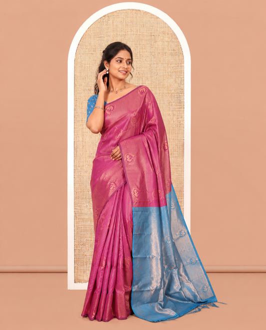 Purple Art Kanchi Silk Saree, Adorned with Vaira Oosi and Zari Buttas, a Traditional Zari Border, Contrast Jaal Pallu, and a Contrast Blouse