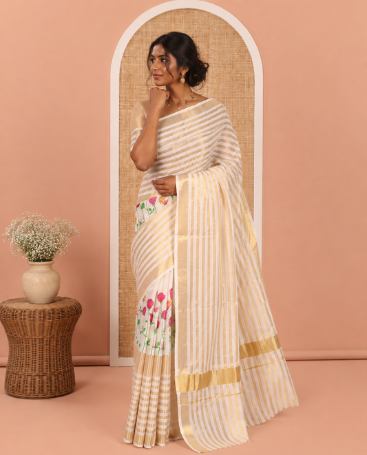 Cream Kerala Cotton Saree, Adorned with Floral Print, Highlighted by Horizontal Zari Striped Border, a Matching Blouse