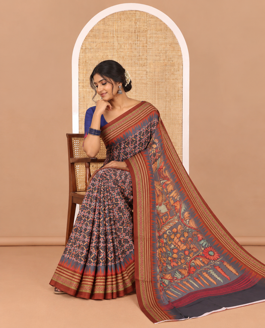 Grey patola style geometric printed Italian Crepe saree, contrast temple ikkat printed border, Kalamkari printed pallu, and a printed bordered blouse