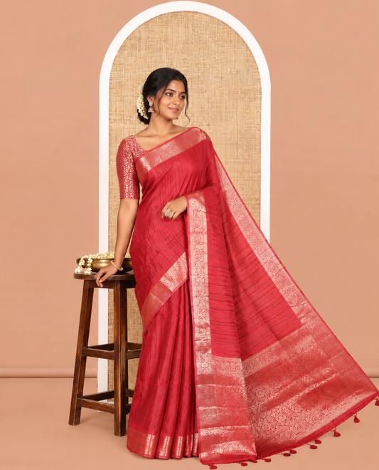 Maroon Fancy Tussar Saree, Intricate Border, Grand Pallu, a Contrast Printed Blouse, Matching Brocade Blouse