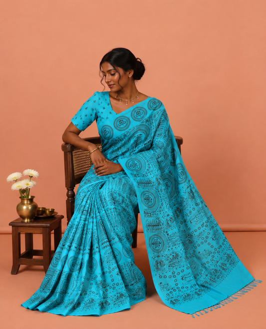 Borderless Blue Warli Printed South Cotton Saree, Printed Pallu and a Matching Blouse