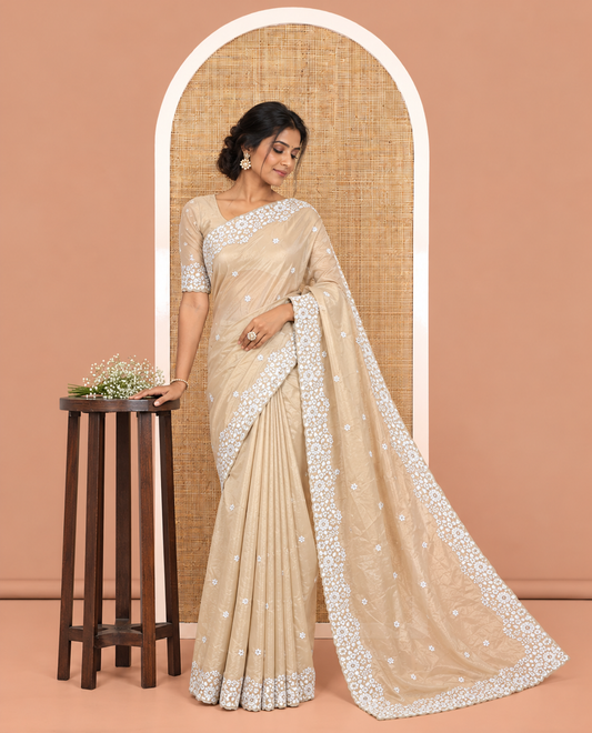 Green Shimmer Chiffon Saree, Artfully Detailed with Floral Embroidery, Scallop Embroidery Border, and Matching Blouse