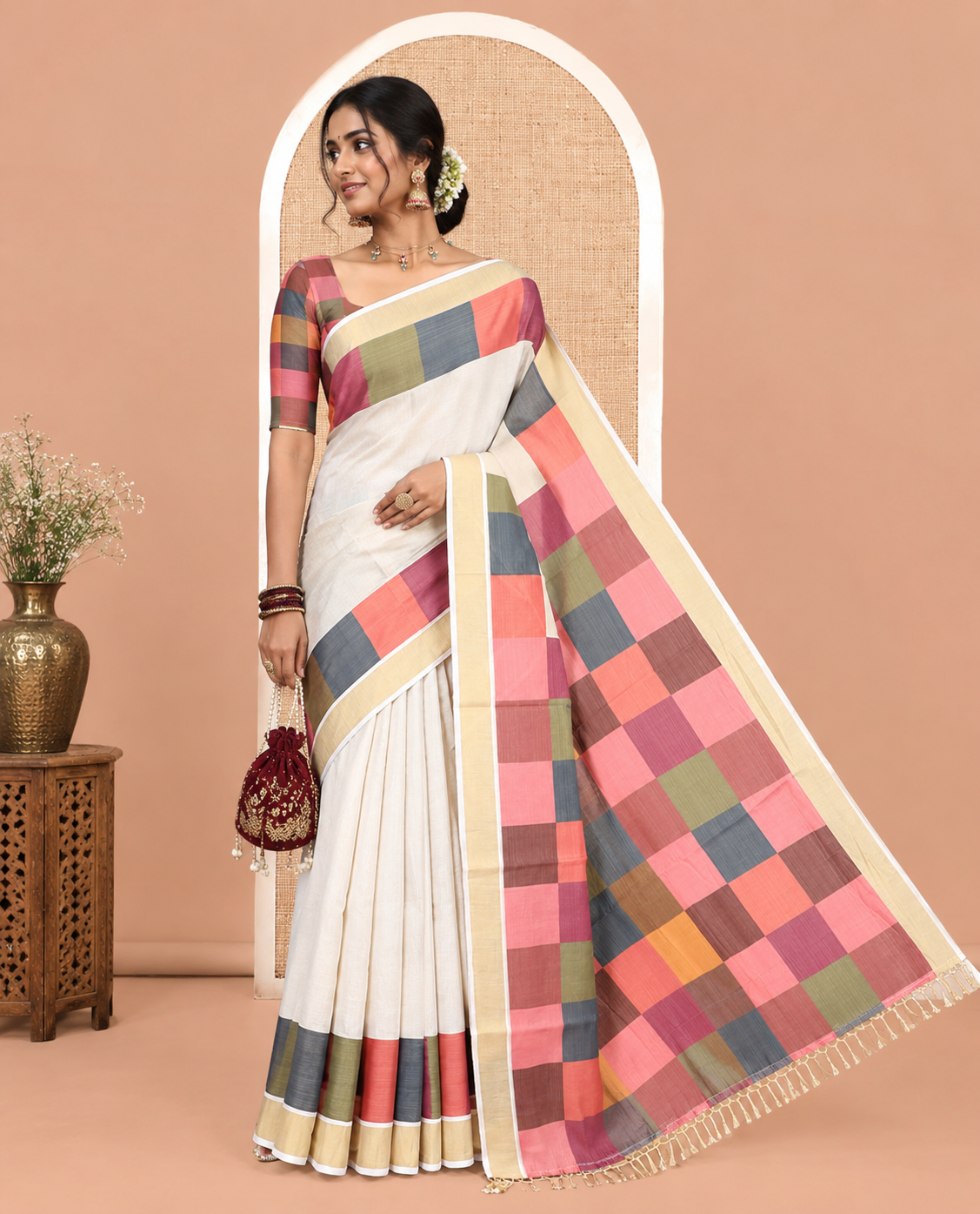 Gold Plain Kerala Tissue Cotton Saree, a Contrast Big Multi-Color Checked Border, Checked Pallu, and a Contrast Blouse