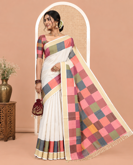 Gold Plain Kerala Tissue Cotton Saree, a Contrast Big Multi-Color Checked Border, Checked Pallu, and a Contrast Blouse