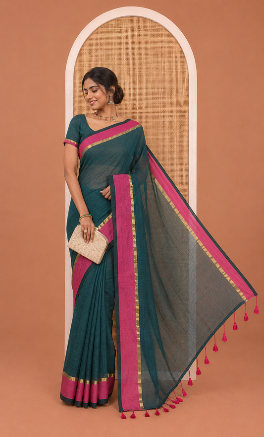 Rama Plain Khadi Mul Cotton Saree, a Contrast Satin Plain Border, a Self-Pallu, and a Matching Blouse