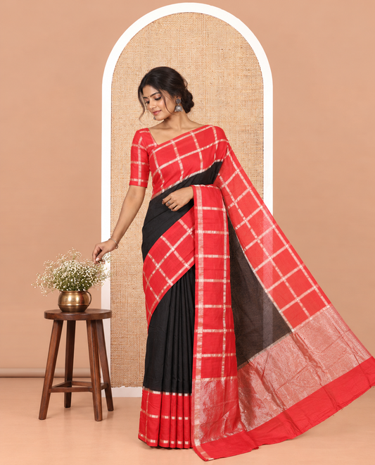 Black Plain Assam Silk Saree, Contrast Gharchola Checked Border, Gleaming Zari Striped Pallu, and Paired with a Contrast Blouse