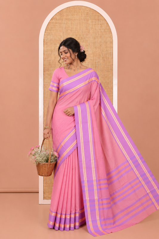 Light Pink Mercerised Cotton Saree, Subtly Sparkled with Checks, Contrast Rettai Pettu Border, Striped Pallu, and Matching Blouse