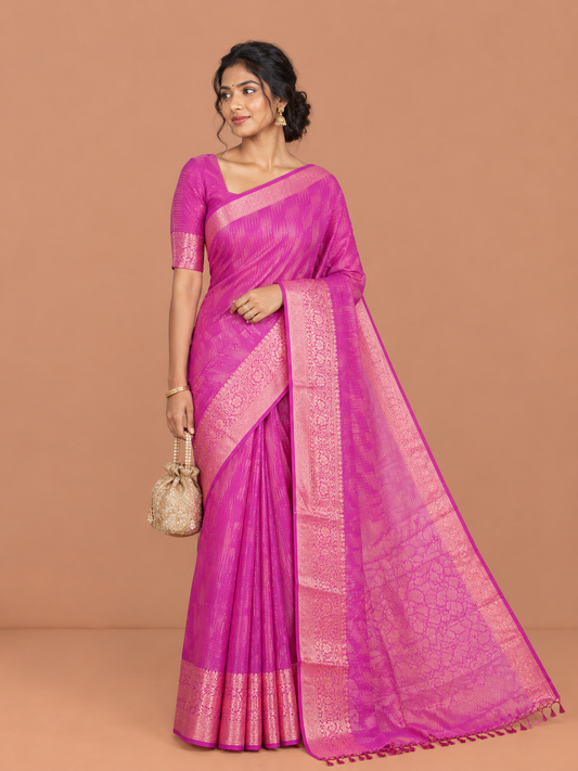 Royal Purple Chiffon Saree, Richly Designed with Ikat-Style Weave and Stonework, a Traditional Border, a Floral Design Pallu, and a Matching Blouse