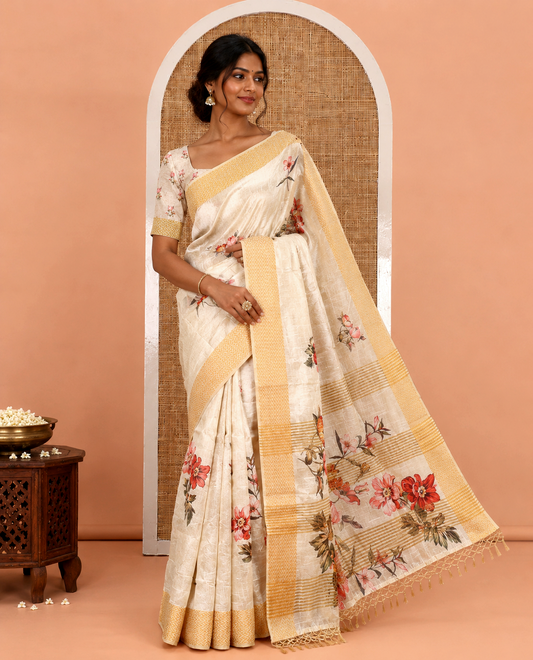 Cream Semi-Tussar Saree, Prettified with Floral Print, Zari Chevron Striped Border, and a Matching Blouse