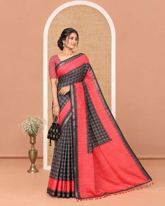 Black Katan Silk Saree, Detailed with Checked Design Print All Over Its Body, Complemented by Contrast Temple Border, Heathered Pallu, and Paired with a Contrast Blouse