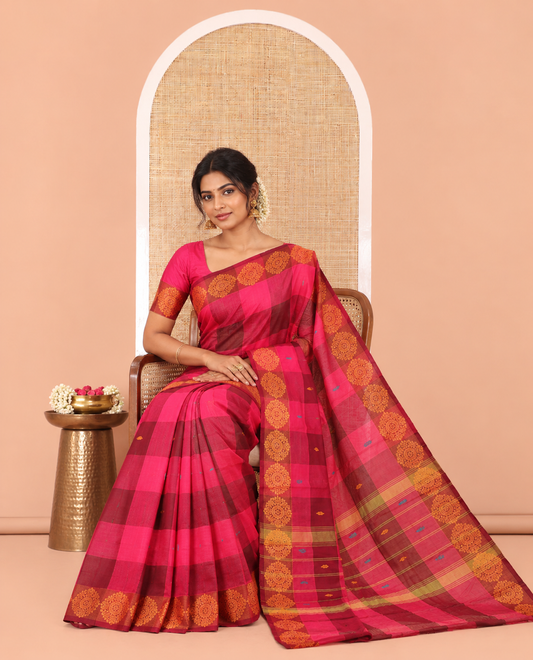 Pink Checked Chettinad Cotton Saree, Subtly Sparkled with Buttas, a Subtle Thread Border, Striped Pallu, and No Blouse