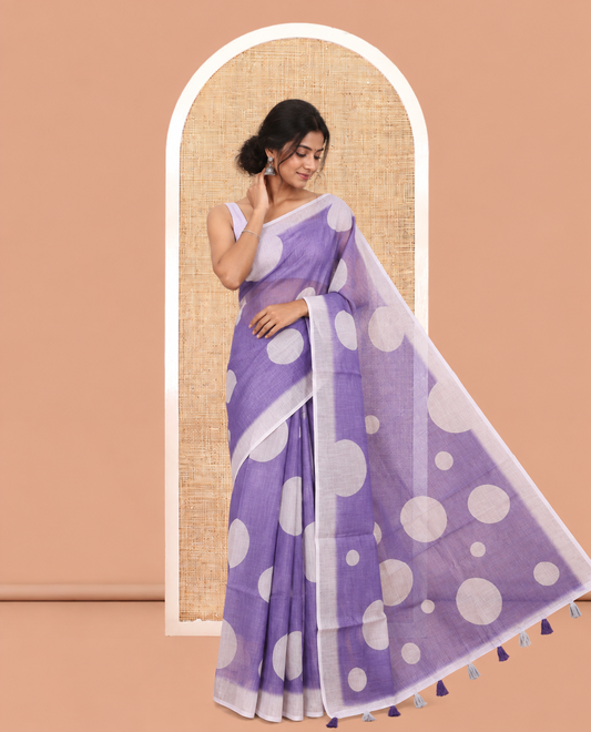 Violet Linen Cotton Saree, Subtly Sparkled with Polka Dot Buttas, a Contrast Border, a Contrast Blouse