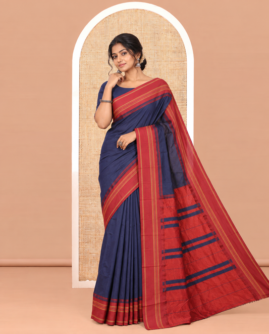 Navy Blue-Maroon Plain Mercerised Cotton Saree
