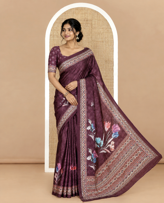 Purple floral printed and mirror work masakali saree, printed border, pallu of intricate print and mirror work, and a matching blouse