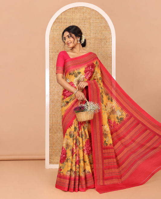 Mustrad floral printed Italian crepe saree, contrast temple printed border, striped pallu, and a printed bordered blouse