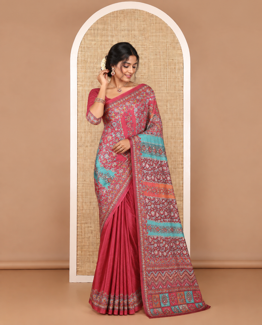 Multi-color geometric design masakali saree with printed, mirror work border & printed, mirror work pallu along with plain blouse