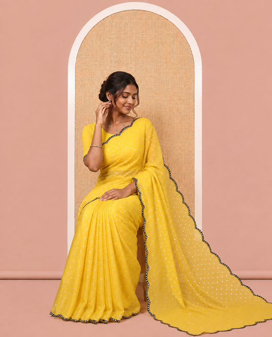 Yellow Shimmer Chiffon Saree, Steeped with Buttas, a Scallop Mirror Work Border, and a Matching Blouse