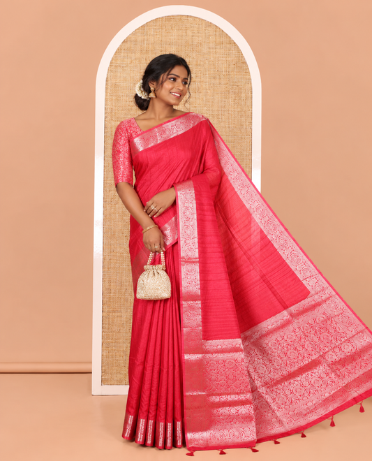 Maroon Fancy Tussar Saree, Intricate Border, Grand Pallu, a Printed Blouse, Matching Brocade Blouse