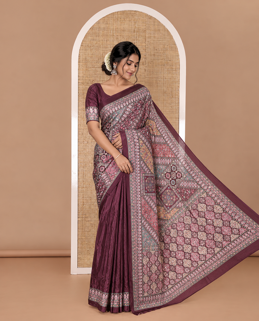 Purple kaleidoscopic colored Mughal style motifs printed with mirrorwork masakali saree, printed border, print with mirror work pallu, and a matching blouse