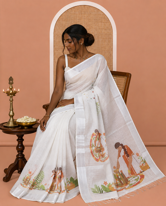 Cream Line Cotton Saree Features Women Celebration Onam Motif, a Zari Border, Matching Blouse