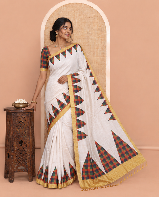 Cream Katan Silk Saree, Woven with Zari Buttas, a Multi-Color Checked Temple Border, and a Contrast Blouse