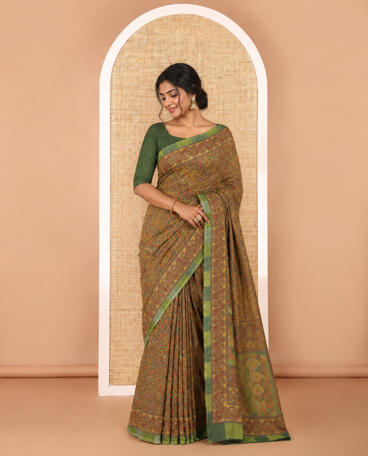 Green intricate floral & bird printed kimaya saree, peacock printed border, printed pallu & contrast printed blouse