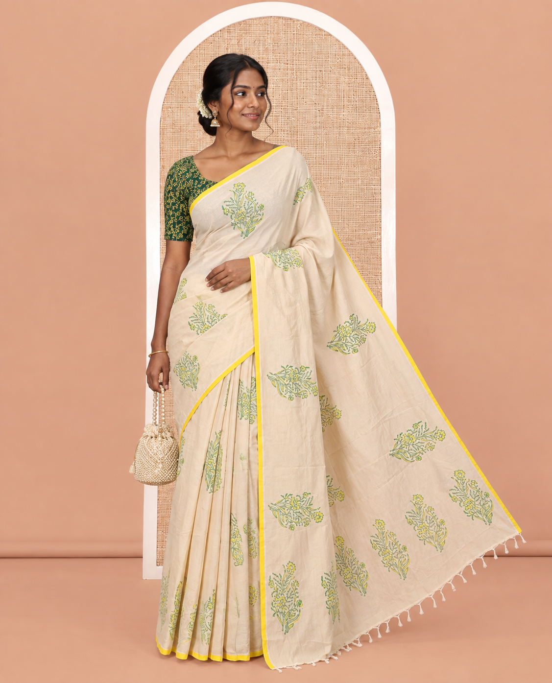 Borderless Chikku South Cotton Saree Features Floral Block-Printed Motifs, a Contrast Blouse