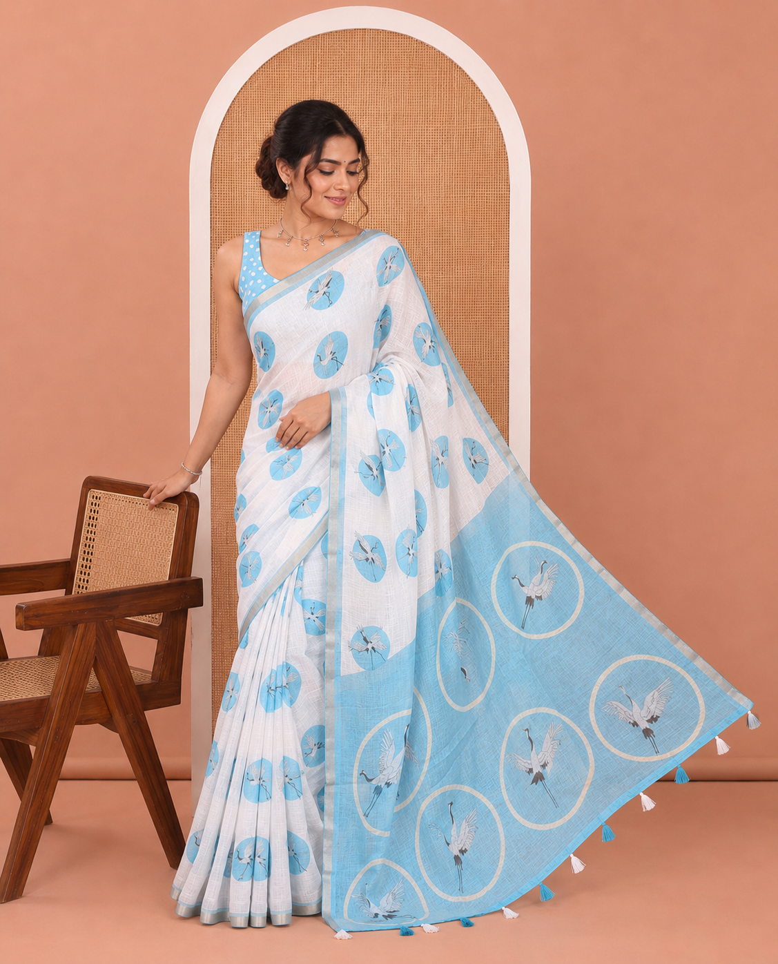 White-Blue Linen Cotton Saree, Steeped with Polka Dot Enclosed Crane Motifs on Its Body, Subtle Piping Border, Pallu Pictures Polka Dot Enclosed Crane Motifs, and Paired with a Matching Blouse