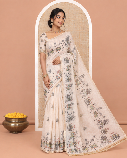 Cream Tissue Saree Features Kerala Kathakali-Themed Print, a Zari Border, Kerala-Theme Pallu, and Matching Blouse