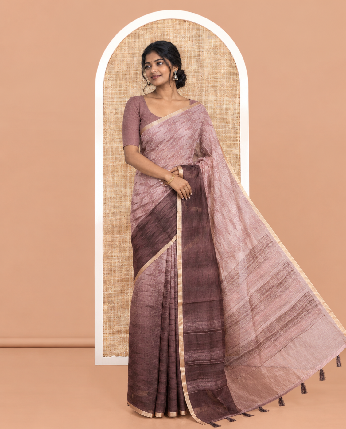 Brown Linen Cotton Saree, Accentuated with Ikat Zig-Zag Stripes, a Piping Border, Printed Pallu, and Matching Blouse