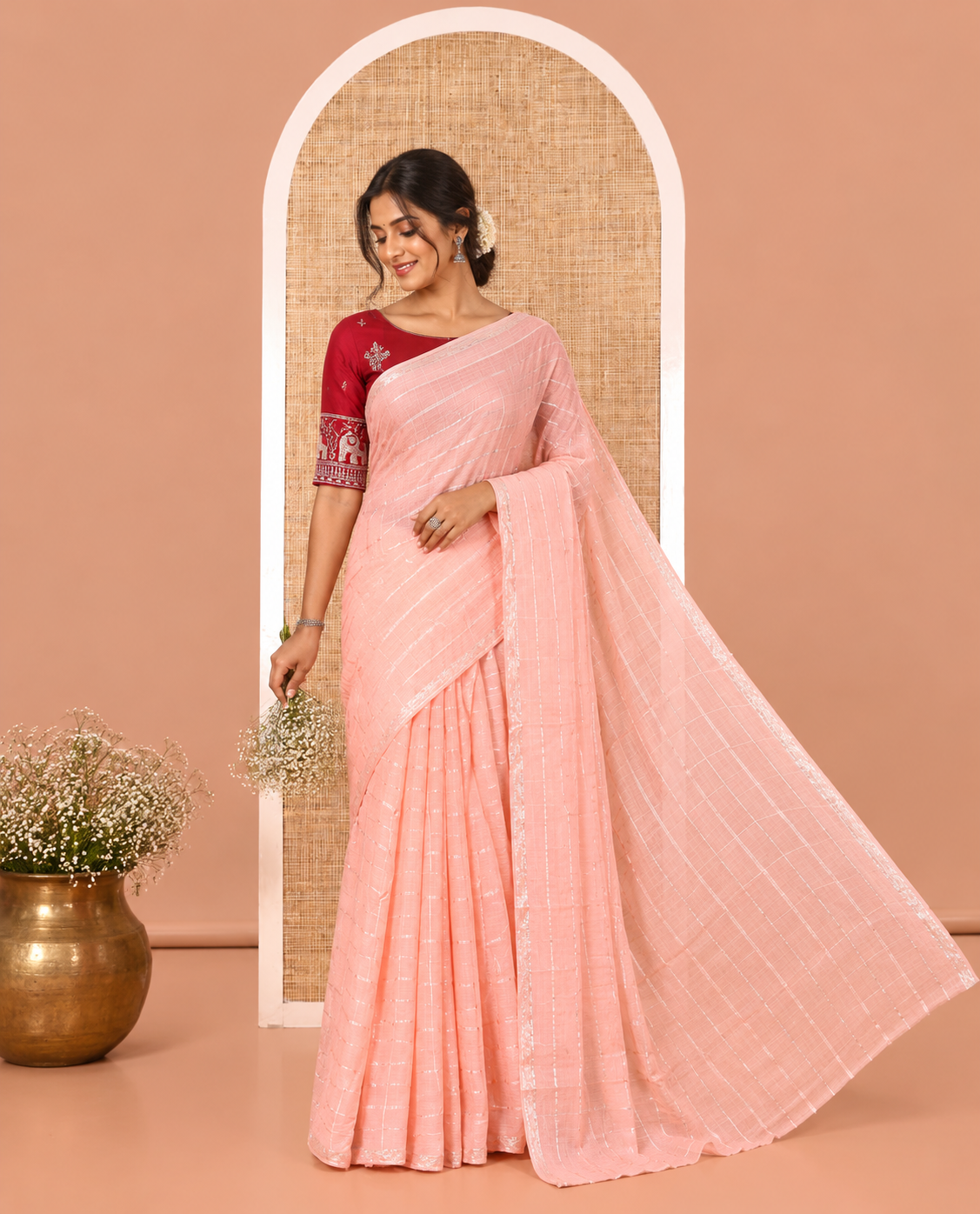 Peach Chinon Chiffon Saree, Richly Detailed with Gold Zari Checked Design on Its Body, Self-Pallu, and Paired with a Contrast Elephant-Tree-Themed French Knot Embroidered Blouse