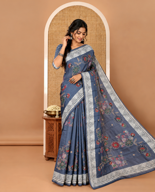 Navy floral print & multi-color floral thread embroidered fancy tussar silk saree, triangle motif print & embroidered border & matching blouse of print & embroidery