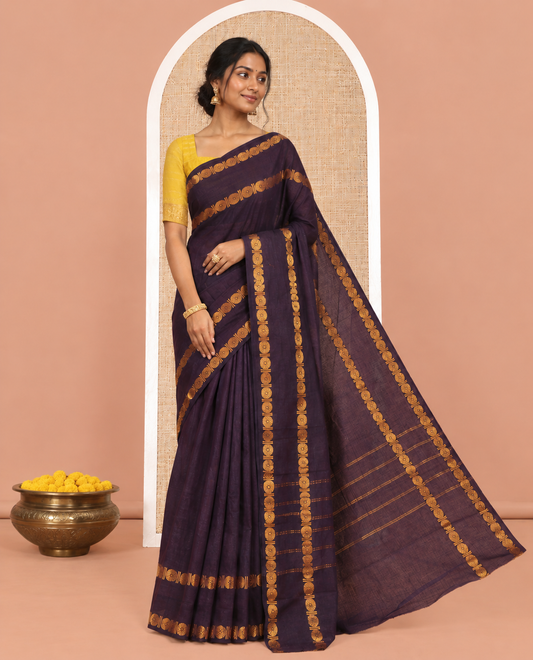 Wine Plain Sungudi Cotton Saree, a Zari Rudraksham Rettai Pettu Border, Striped Pallu, and a Contrast Blouse