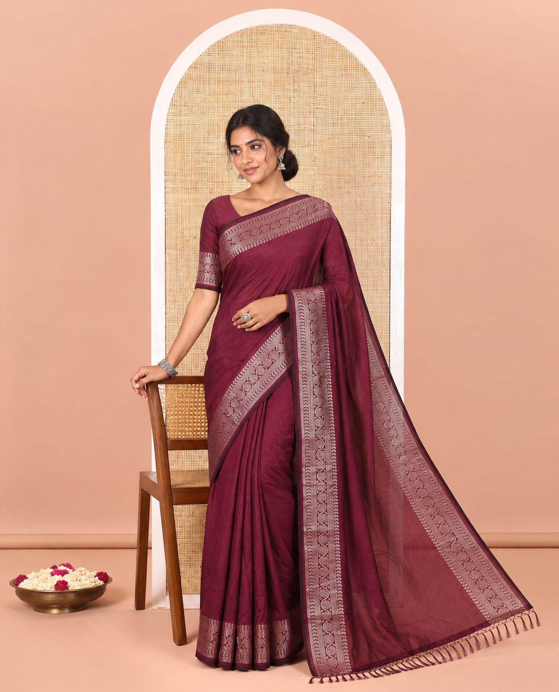 Purple Plain Vichitra Silk Saree Subtly Sparked with Self-Border Featuring Traditional Designs, Plain Pallu, and Comes Without Blouse