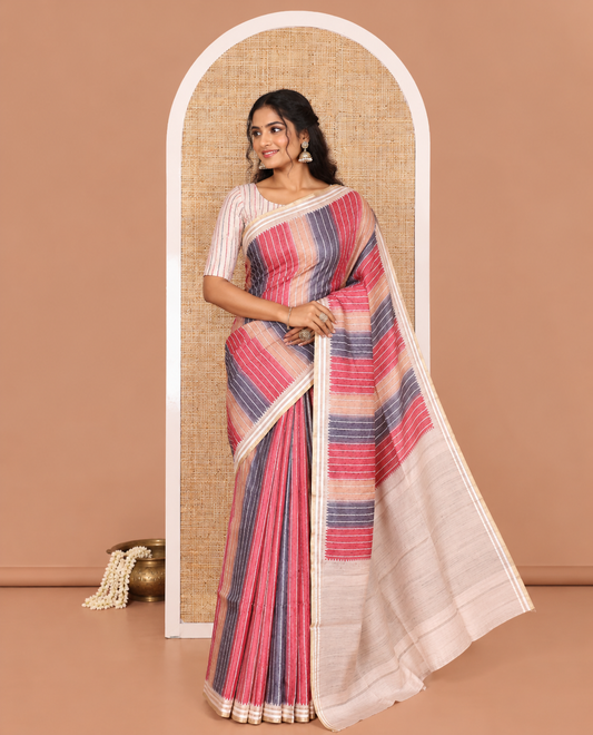 Pink Semi-Tussar Saree Colorfully Printed with Zig-Zag Stripes, Subtly Woven with a Resham Thread Temple Border, Featuring a Heathered Pallu, Paired with a Contrast Striped Blouse