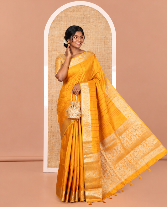Mustard Fancy Tussar Saree, Intricate Border, Grand Pallu, a Printed Blouse, Matching Brocade Blouse