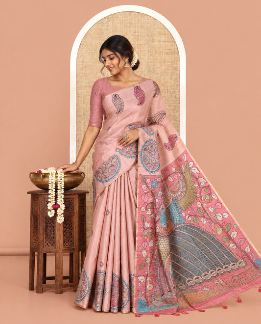 Pink Kalamkari Fancy Tussar Saree