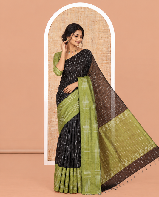 Black Semi-Raw Silk Saree Features Maze-Like Checks, a Contrast Checked Border, Striped Pallu, and a Contrast Blouse
